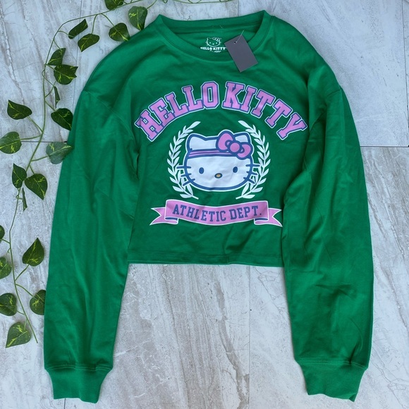 Sanrio Hello Kitty Long Sleeve Shirt MEDIUM Green crop top NWT crew neck 90s NEW - Picture 1 of 10